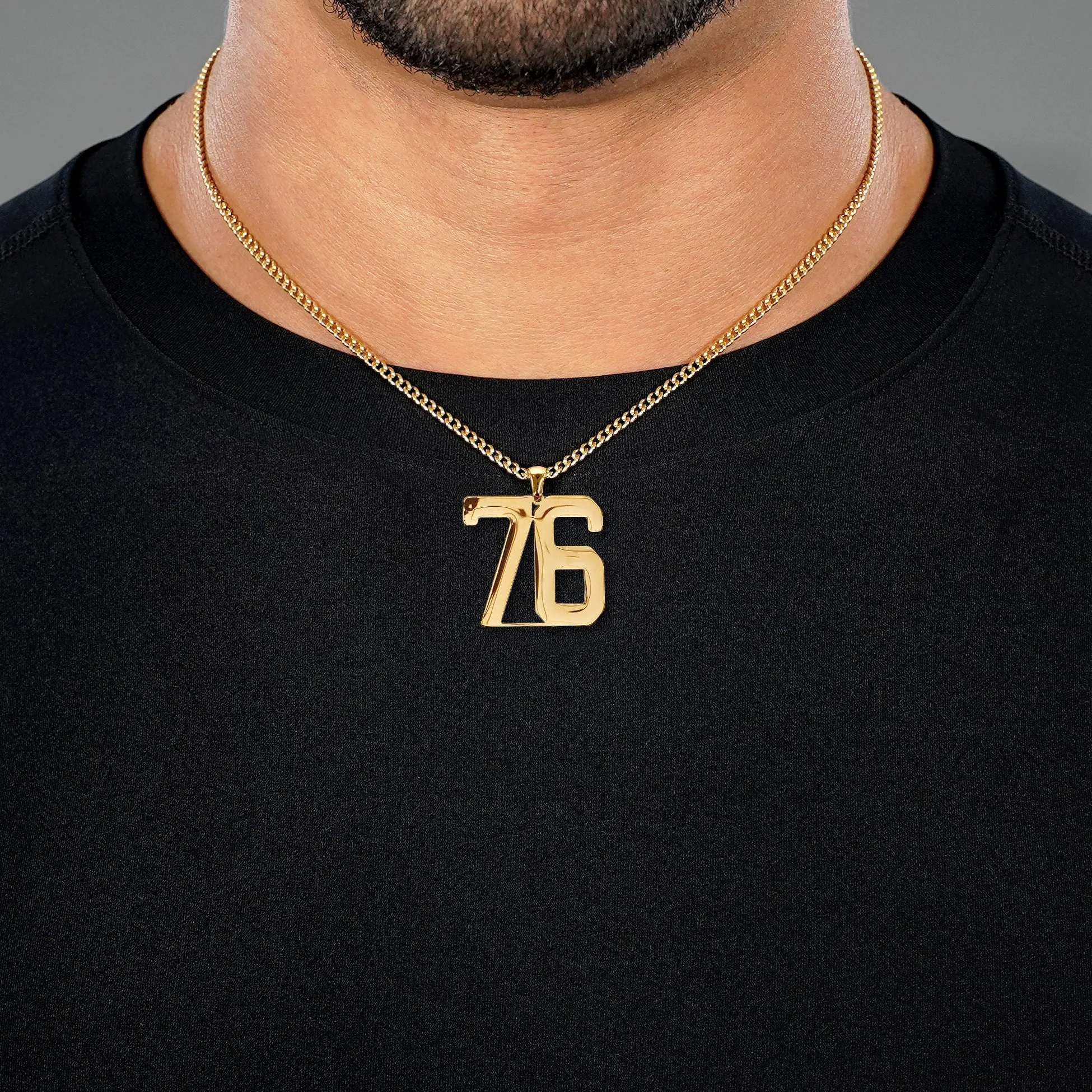 76 Number Pendant with Chain Necklace - Gold Plated Stainless Steel