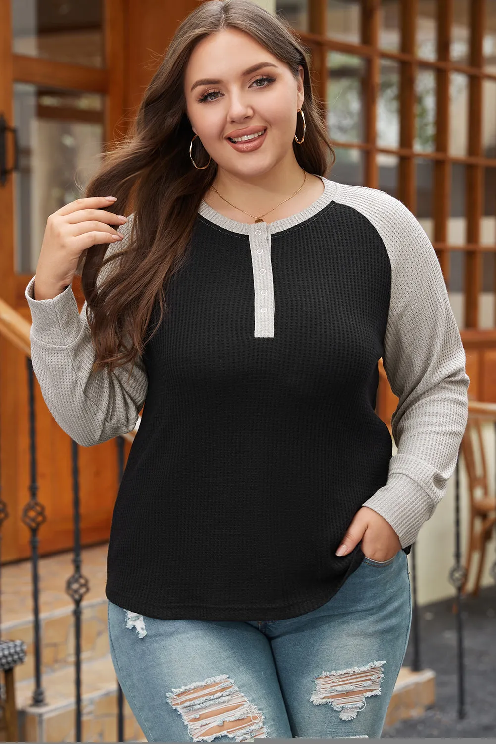 Black Color Contrast Waffle Knit Buttoned Plus Size Top