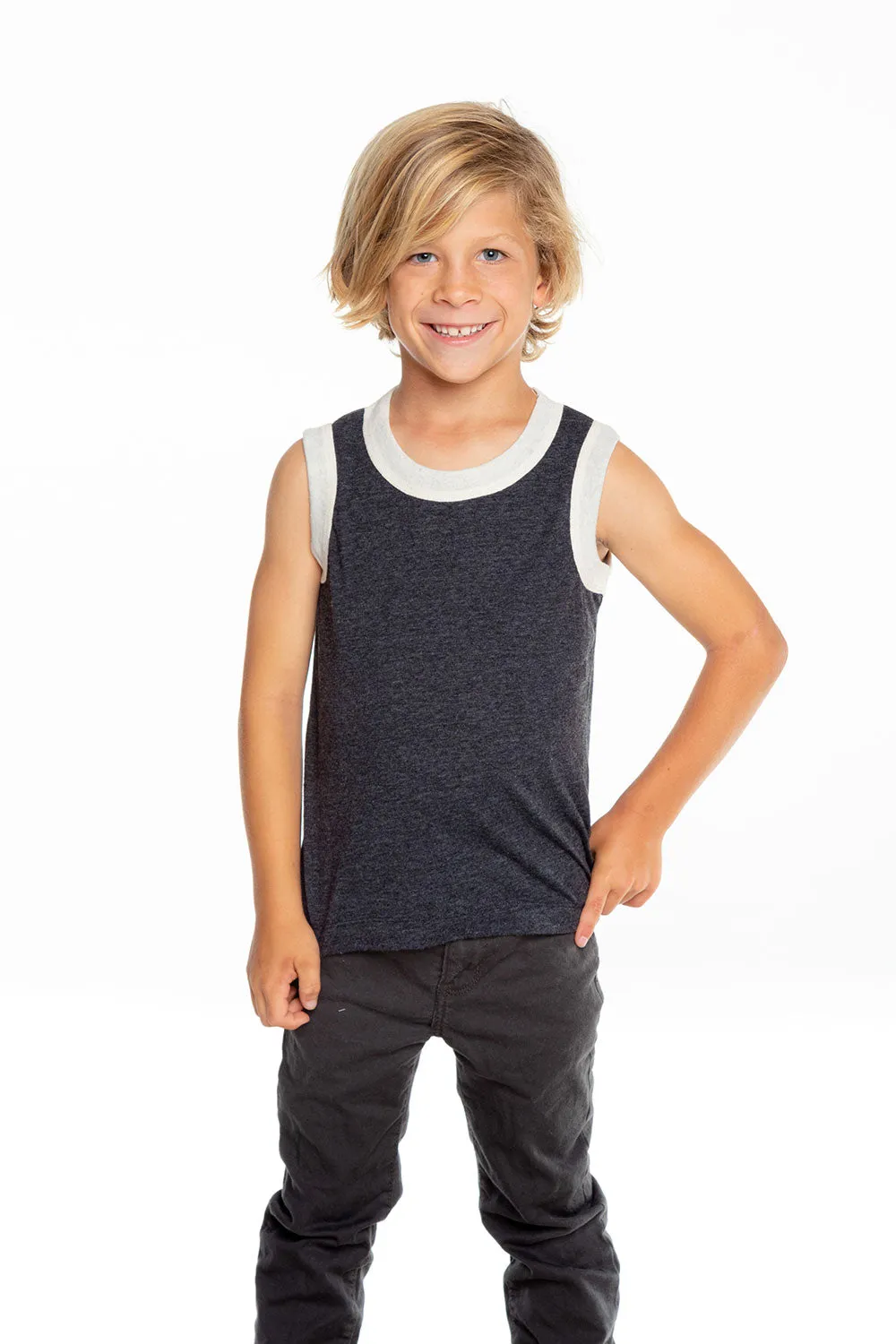 Boys Recycled Vintage Jersey Contrast Binding Muscle Tank