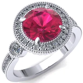 Brachium Round Ruby 4 Claw Prong Diamond Halo 3/4 Micro Channel Engagement Ring