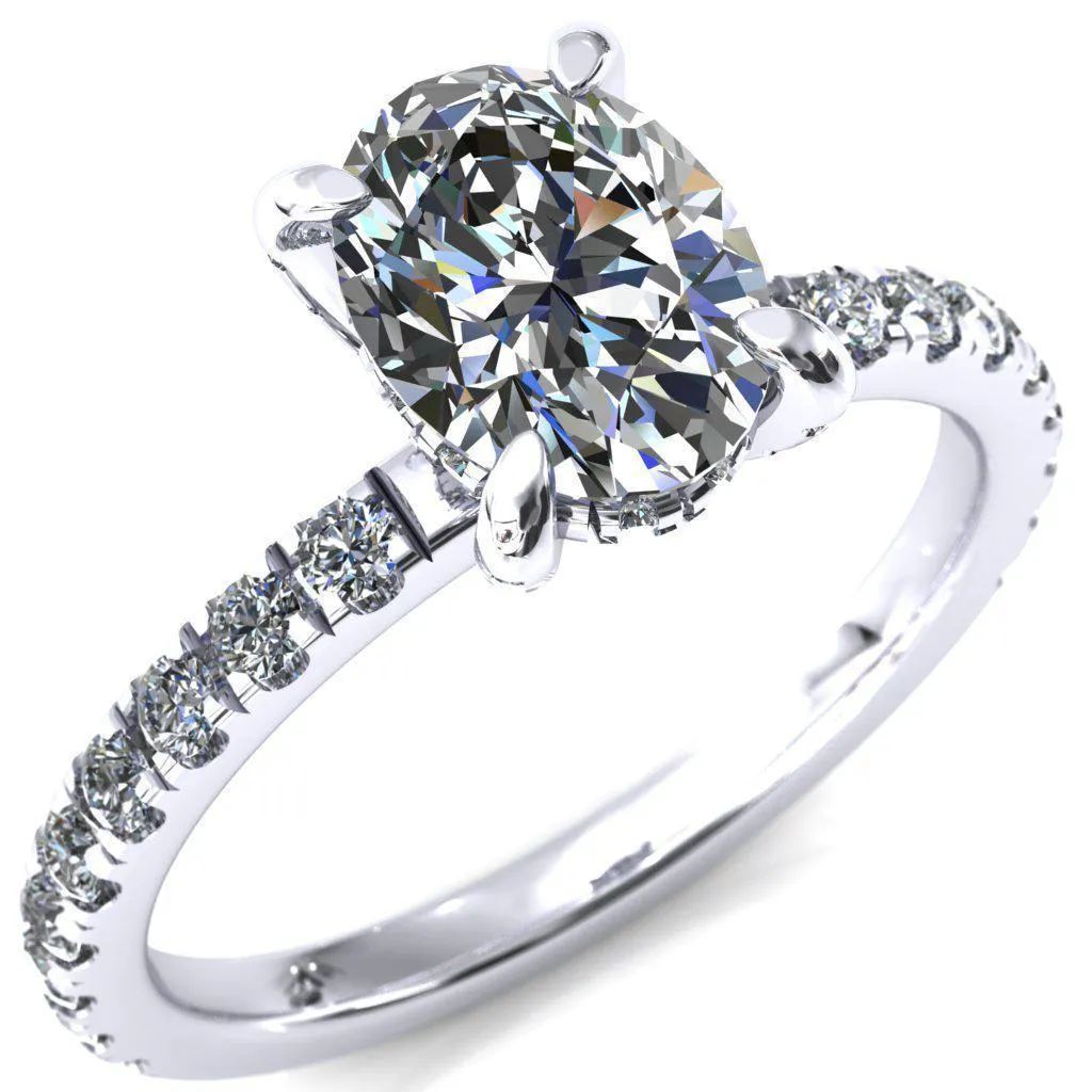 Daneli Oval Center Stone 4 Claw Prong Micro Pave Diamond Sides Engagement Ring