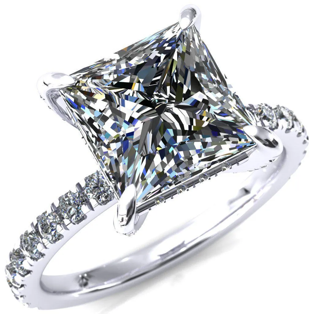 Daneli Princess/Square Moissanite 4 Claw Prong Micro Pave Diamond Sides Engagement Ring