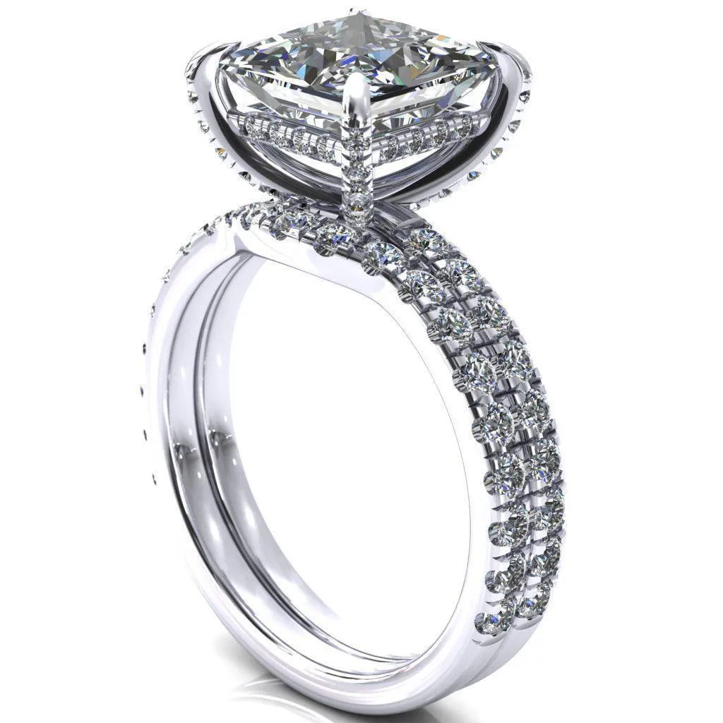 Daneli Princess/Square Moissanite 4 Claw Prong Micro Pave Diamond Sides Engagement Ring