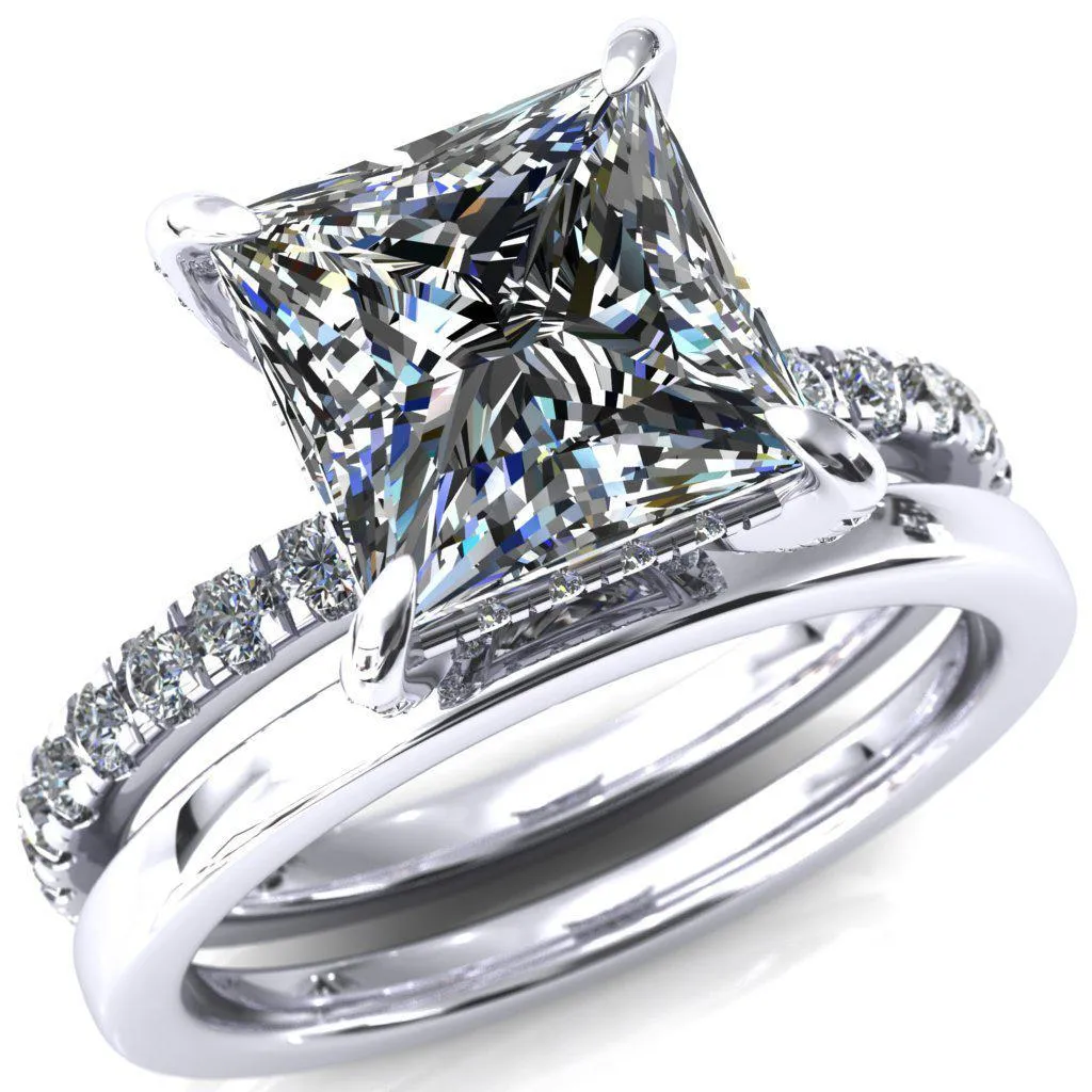 Daneli Princess/Square Moissanite 4 Claw Prong Micro Pave Diamond Sides Engagement Ring