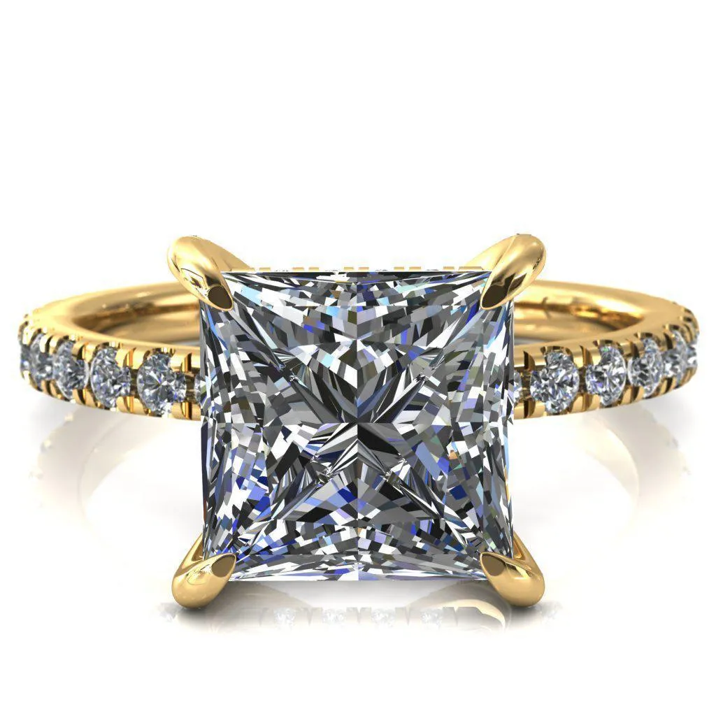 Daneli Princess/Square Moissanite 4 Claw Prong Micro Pave Diamond Sides Engagement Ring