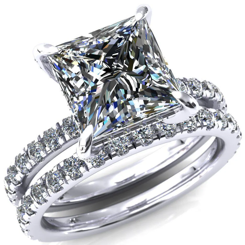 Daneli Princess/Square Moissanite 4 Claw Prong Micro Pave Diamond Sides Engagement Ring