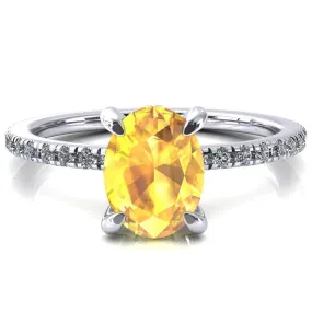 Ezili Oval Yellow Sapphire 4 Claw Prong Micro Pave Diamond Sides Engagement Ring