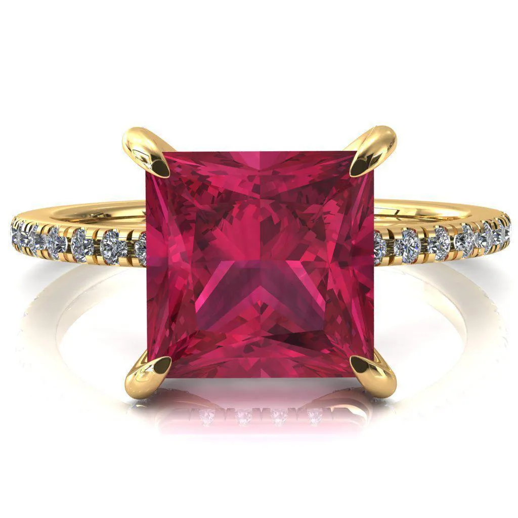 Ezili Princess Ruby 4 Claw Prong Micro Pave Diamond Sides Engagement Ring