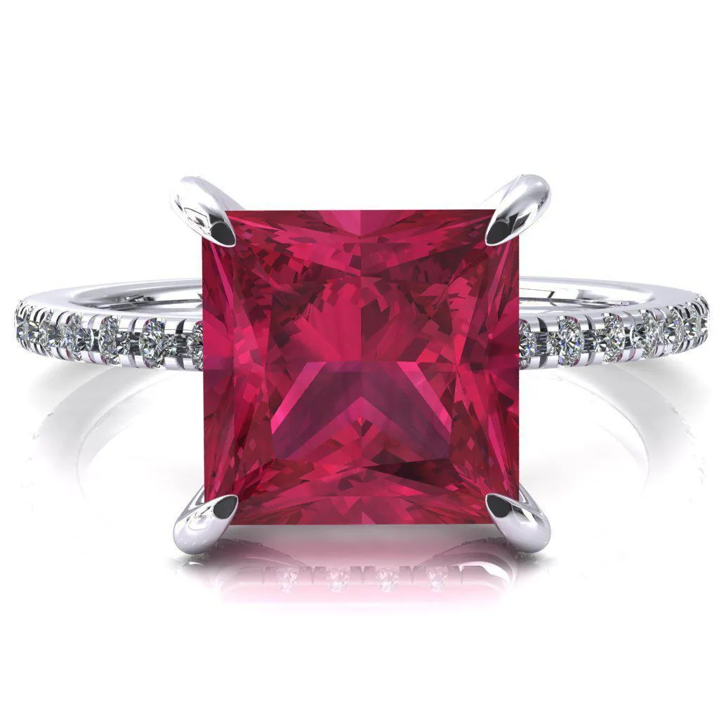 Ezili Princess Ruby 4 Claw Prong Micro Pave Diamond Sides Engagement Ring