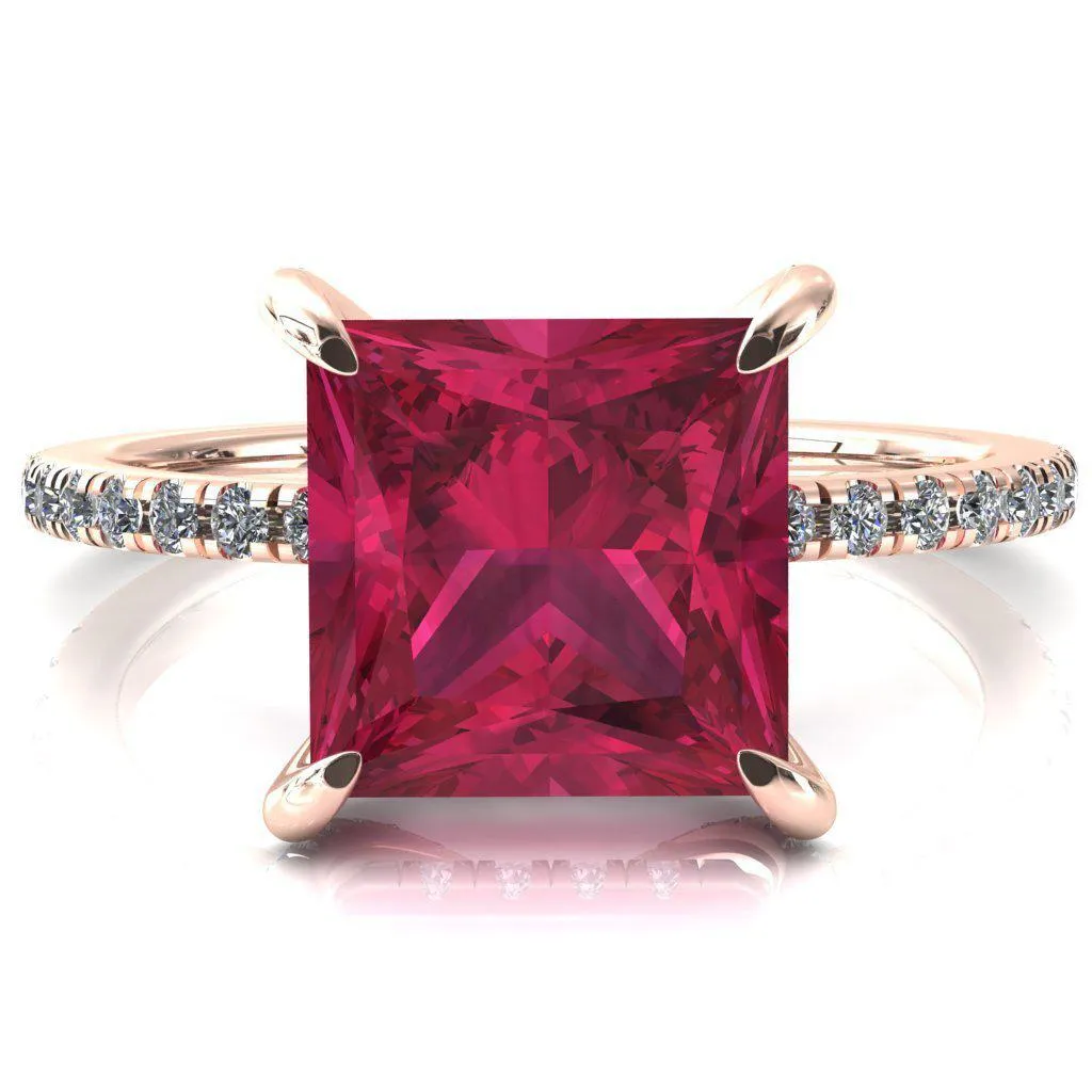 Ezili Princess Ruby 4 Claw Prong Micro Pave Diamond Sides Engagement Ring