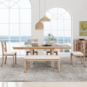 Farmhouse 82" 6-Piece Extendable Dining Table Set with 4 Chairs, Bench & Removable Leafs, Natural