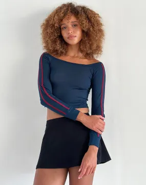 Gavya Bardot Long Sleeve Top in Navy with Adrenaline Red Stripe