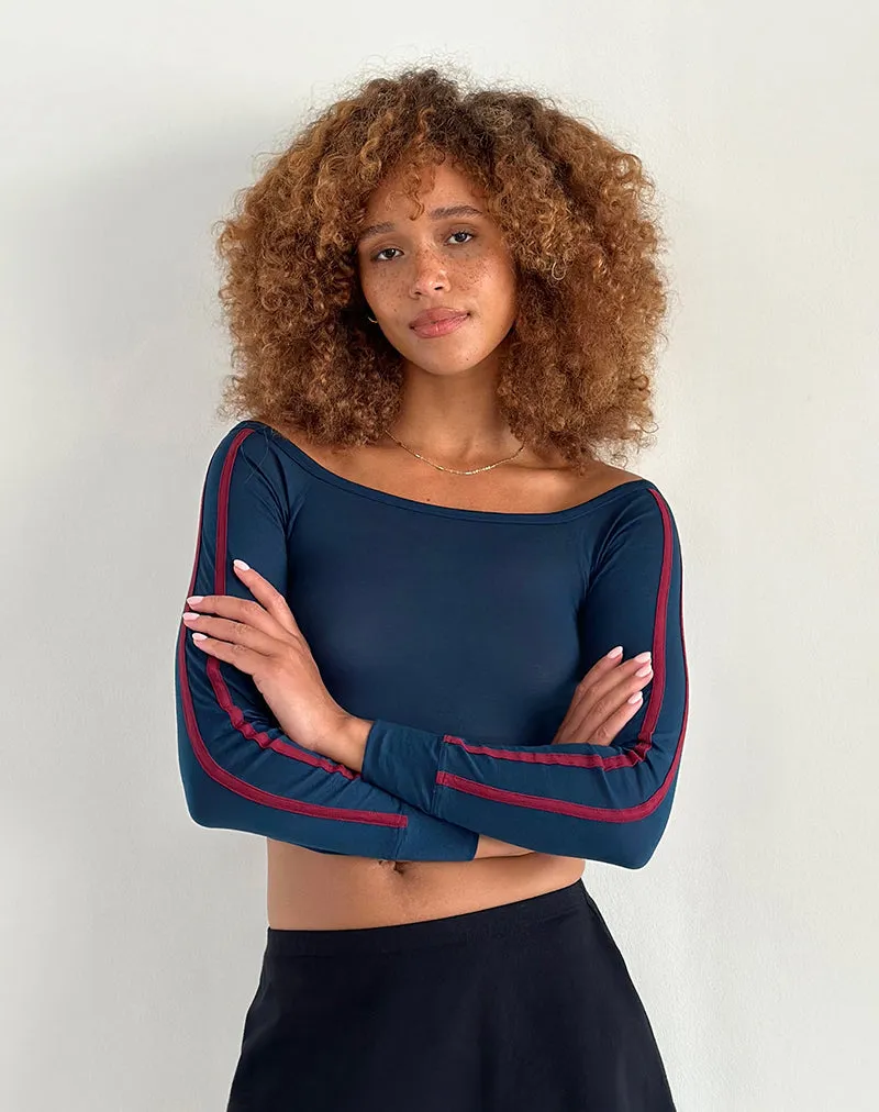 Gavya Bardot Long Sleeve Top in Navy with Adrenaline Red Stripe