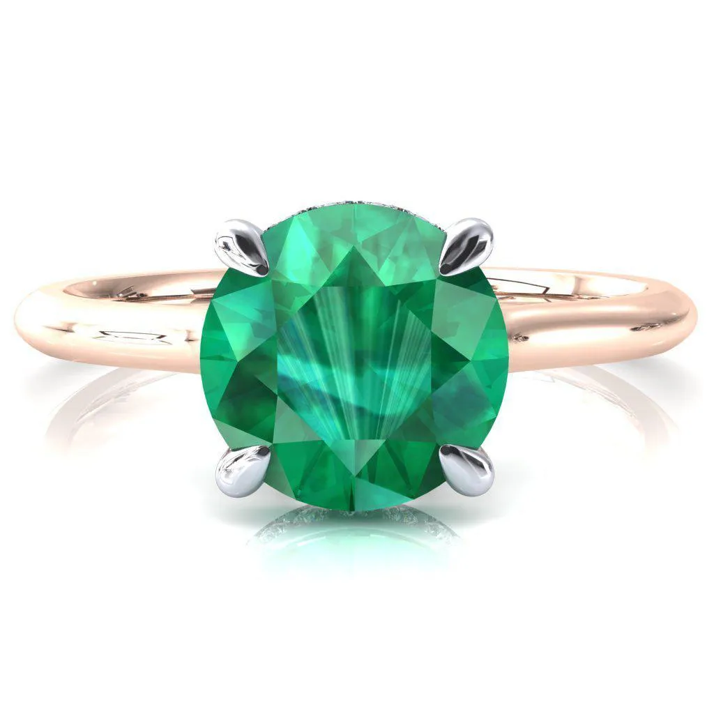 Janey Round Emerald 4 Prongs Claw Floating Halo Inverted Cathedral Ring