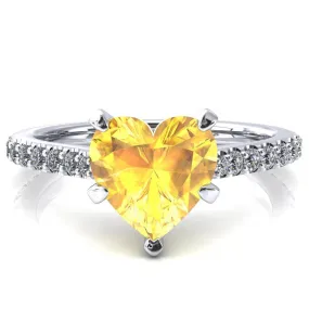 Kelsy Heart Yellow Sapphire 5 Prong 3/4 Shared Scalloped Inverted Cathedral Ring