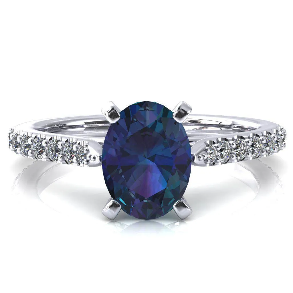 Kelsy Oval Alexandrite 4 Prong 3/4 Shared Scalloped Inverted Cathedral Ring