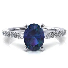 Kelsy Oval Alexandrite 4 Prong 3/4 Shared Scalloped Inverted Cathedral Ring