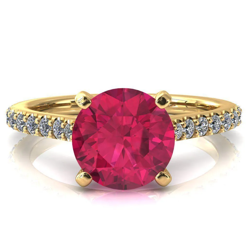 Kelsy Round Ruby 4 Prong 3/4 Shared Scalloped Inverted Cathedral Ring