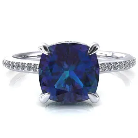 Kiki Cushion Alexandrite 4 Prongs Claw Floating Halo 1/2 Pinpoint Inverted Cathedral Ring