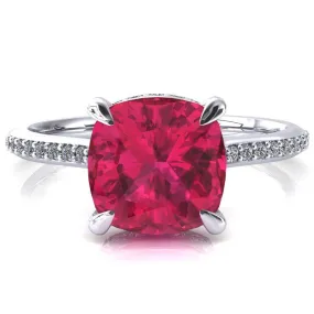 Kiki Cushion Ruby 4 Prongs Claw Floating Halo 1/2 Pinpoint Inverted Cathedral Ring