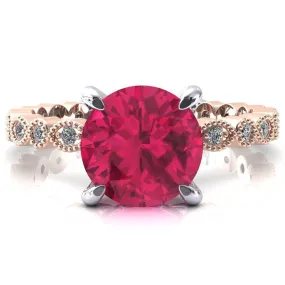 Lizette Round Ruby 4 Claw Prong 3/4 Eternity Milgrain Diamond Shank Engagement Ring