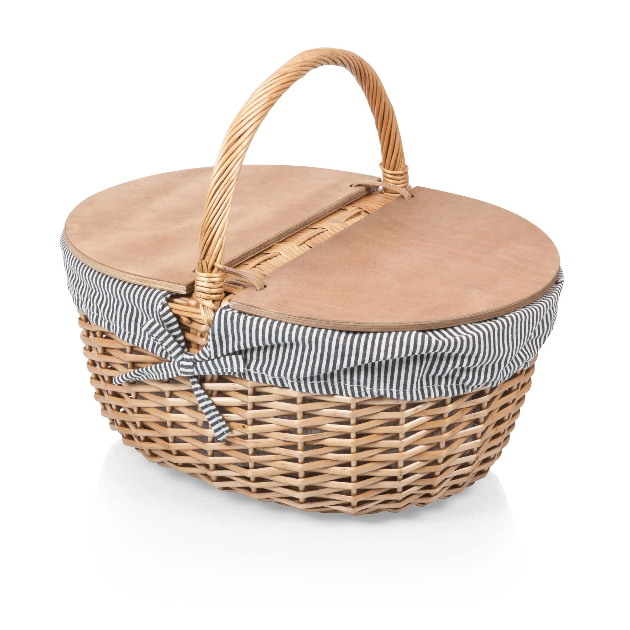 PICNIC TIME - Country Vintage Picnic Basket with Lid - Wicker Picnic Basket for 2, (Navy Blue & White Stripe)