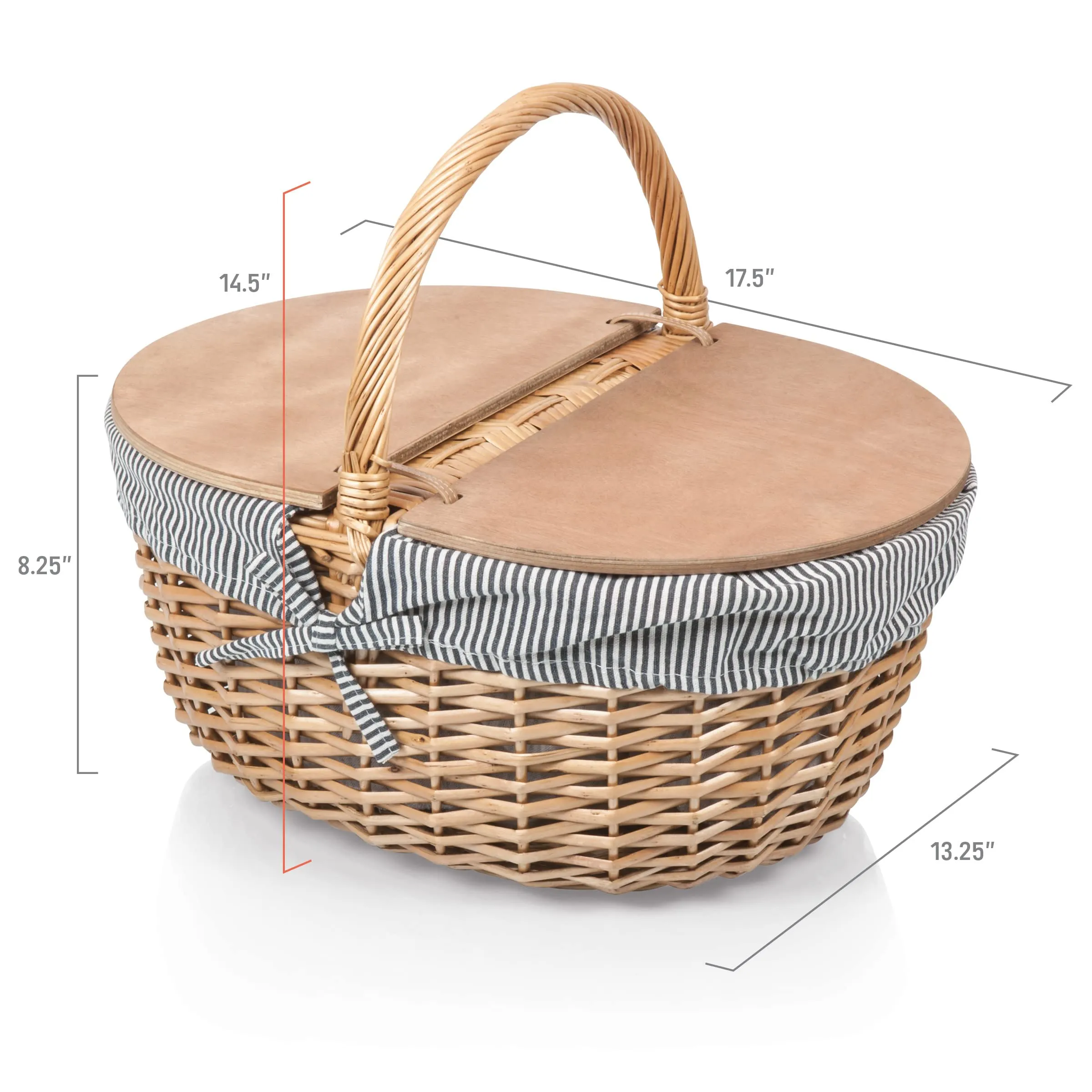 PICNIC TIME - Country Vintage Picnic Basket with Lid - Wicker Picnic Basket for 2, (Navy Blue & White Stripe)