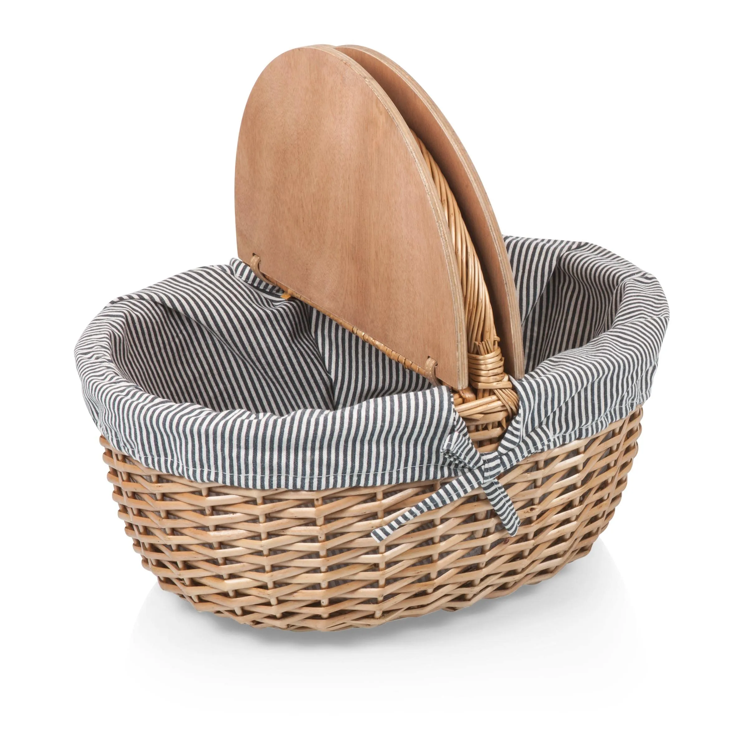 PICNIC TIME - Country Vintage Picnic Basket with Lid - Wicker Picnic Basket for 2, (Navy Blue & White Stripe)