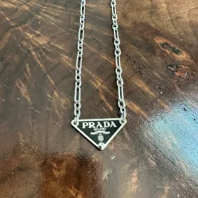 Prada Bag Tag Necklace - Black/Silver on White Gold Chain