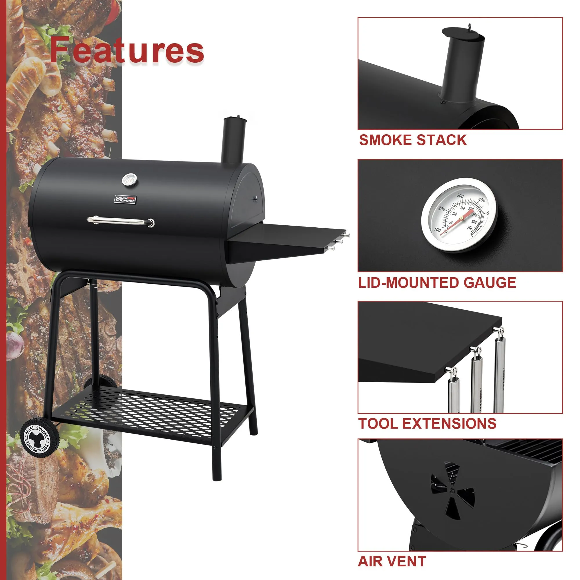 Royal Gourmet CC1830 30 Inch Barrel Charcoal Grill with Side Table, Outdoor BBQ 627 Sq. in. Cooking Space for Backyard, Patio and Parties, Black