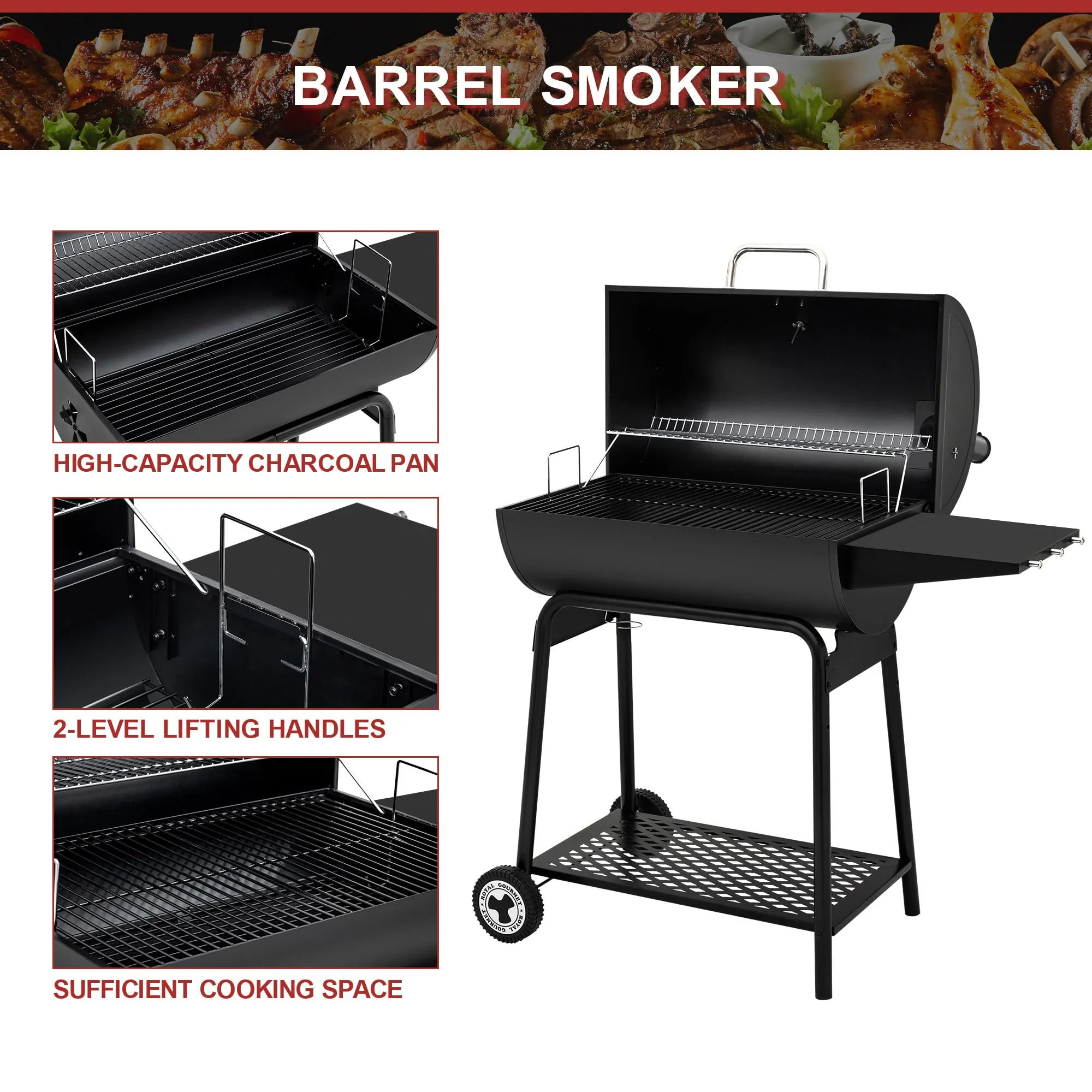 Royal Gourmet CC1830 30 Inch Barrel Charcoal Grill with Side Table, Outdoor BBQ 627 Sq. in. Cooking Space for Backyard, Patio and Parties, Black