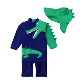 Set of Dinosaur One-Piece Long-sleeve Swimsuit and Hat