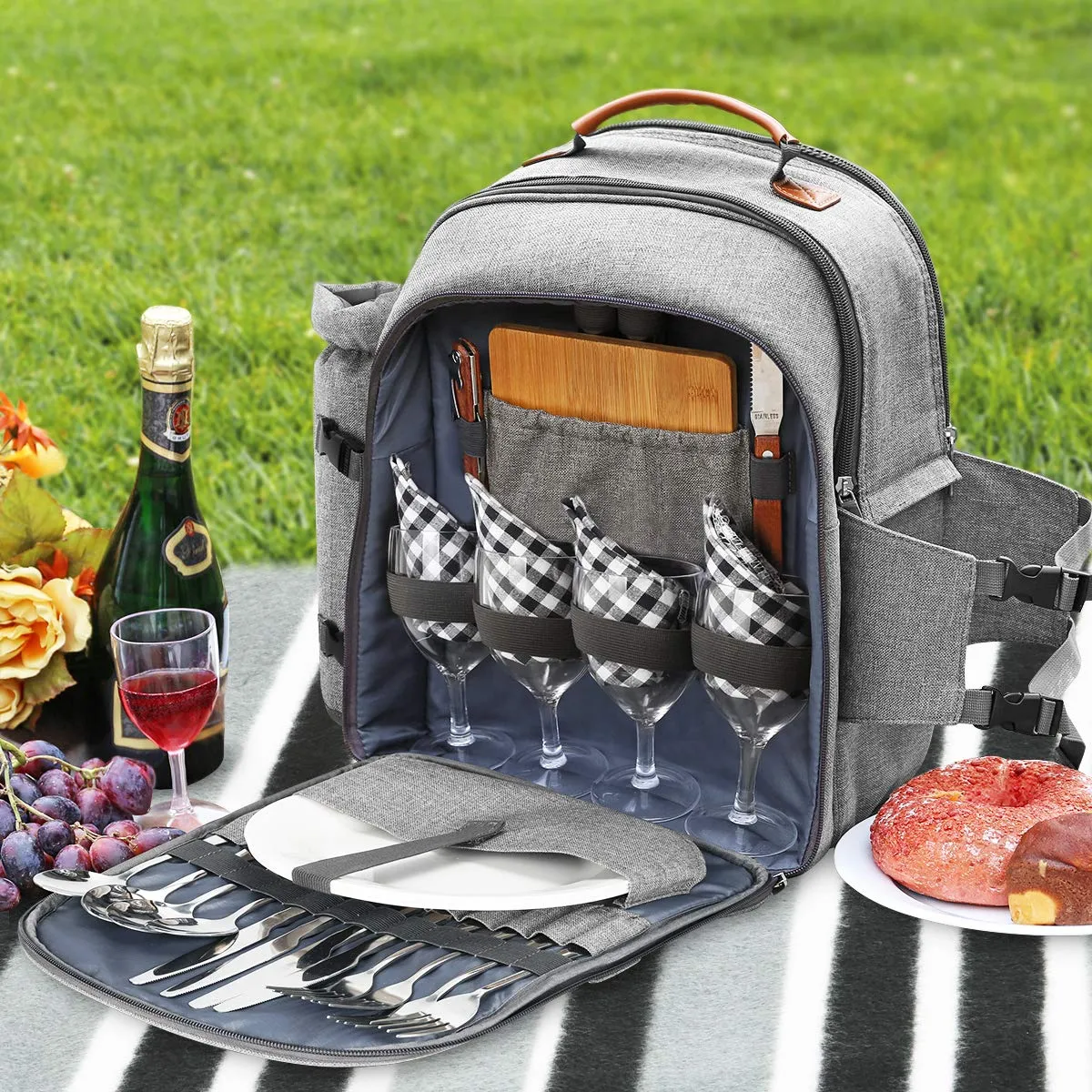 Sunflora Picnic Backpack for 4 Person with Blanket Picnic Basket Set for 2 with Insulated Cooler Wine Pouch for Family Couples (Gray)