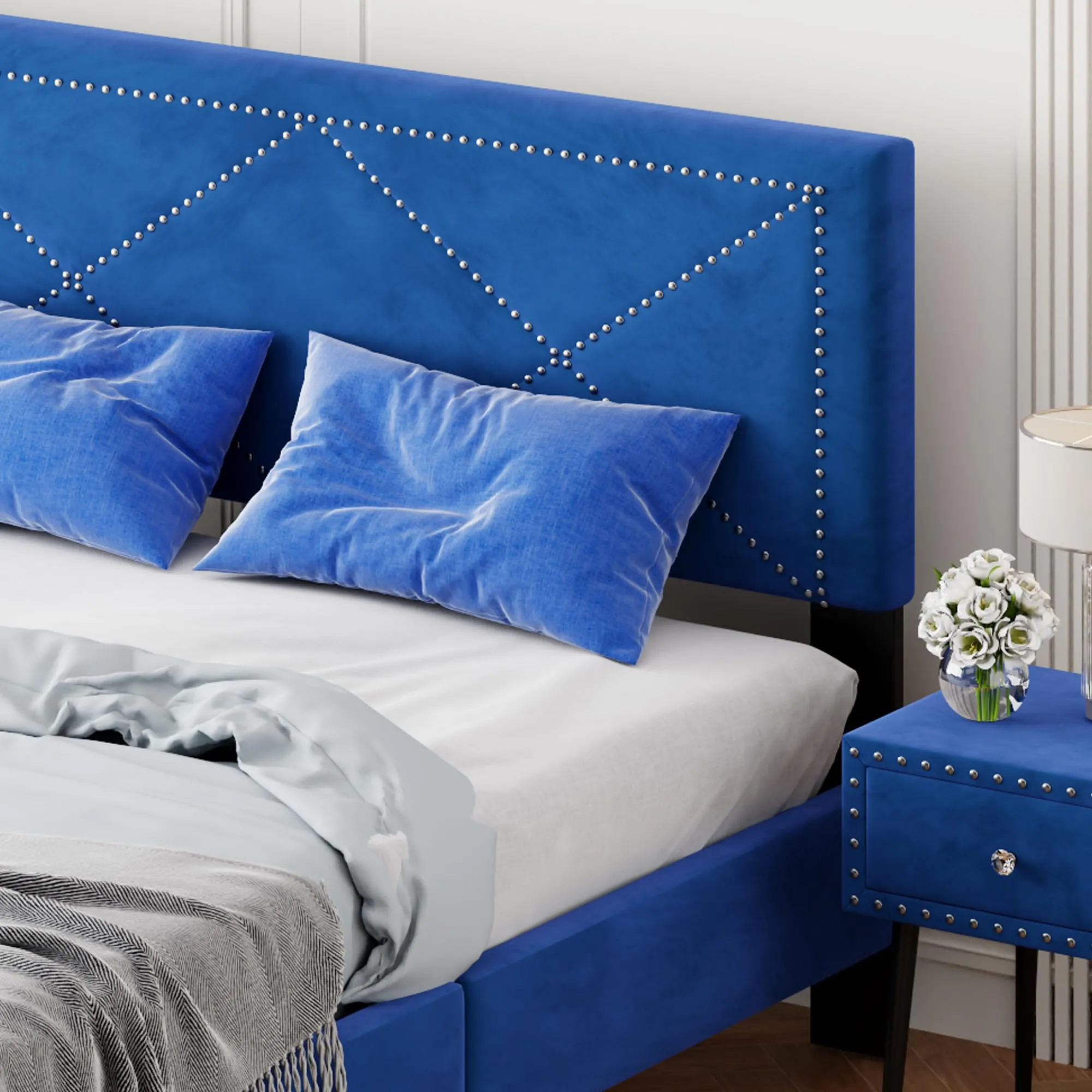 WOODRK 4-Piece Bedroom Furniture Set, Queen Size Upholstered Bed Frame with Rivet Design Headboard, 2 Nightstands All with Drawer, Tufted Ottoman with Storage Space, Space Saving, Blue